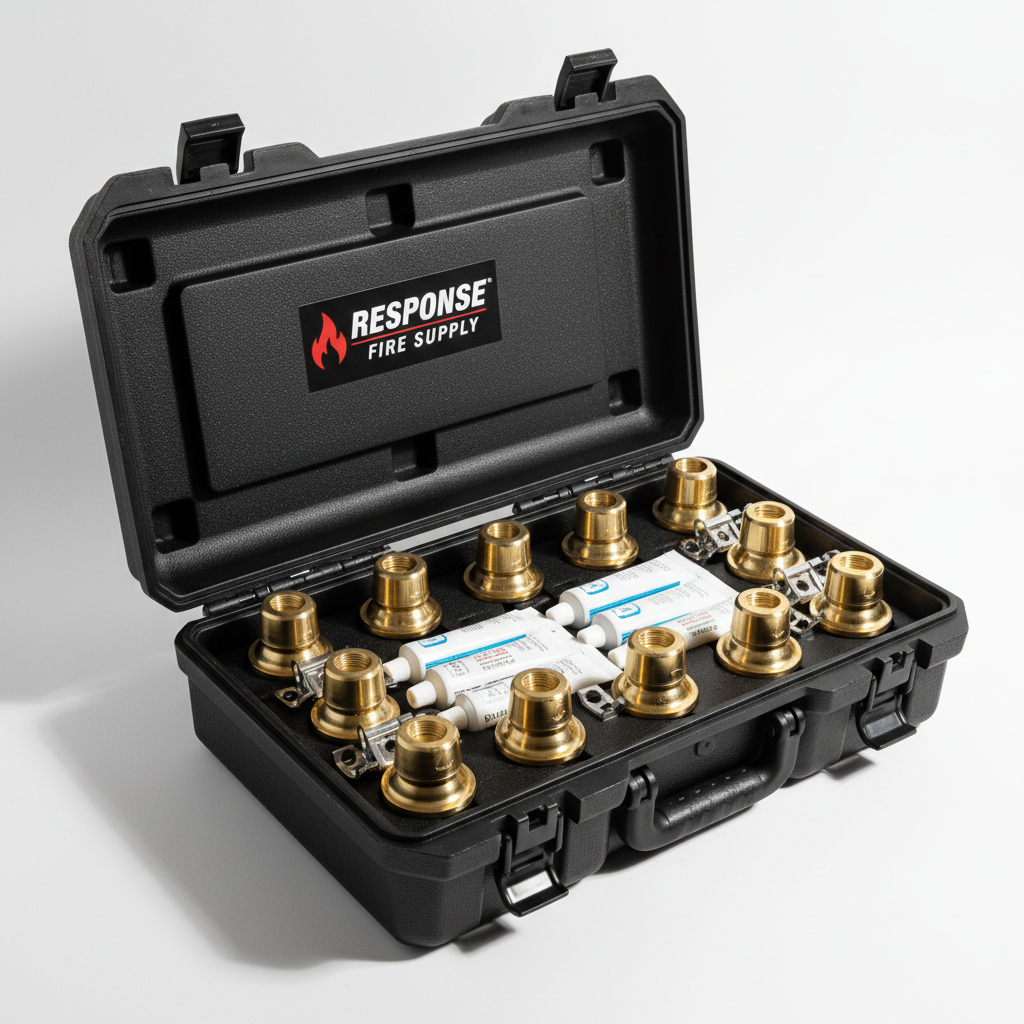 Black industrial toolbox opened to reveal 10 brass fire sprinkler heads with sealant tubes and mounting brackets