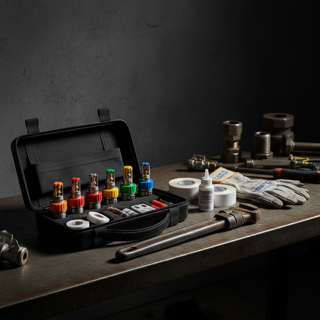 Emergency repair kit open on workbench with color-coded temperature-rated sprinkler heads, seal tape and shut-off tool