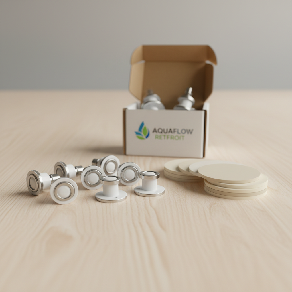 Low-profile sprinkler heads and drywall repair patches on light wood surface with soft diffused lighting