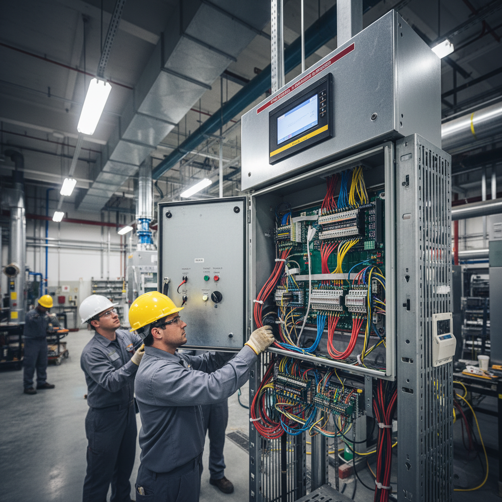Contractor team installing fire system control panel in a facility mechanical room