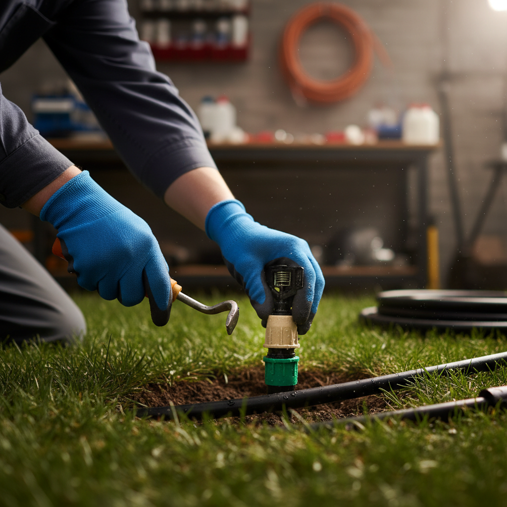 Action close-up of contractor installing a replacement sprinkler head using kit tools