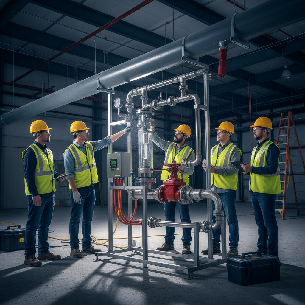 Contractor team using commissioning kit during a fire sprinkler system acceptance test