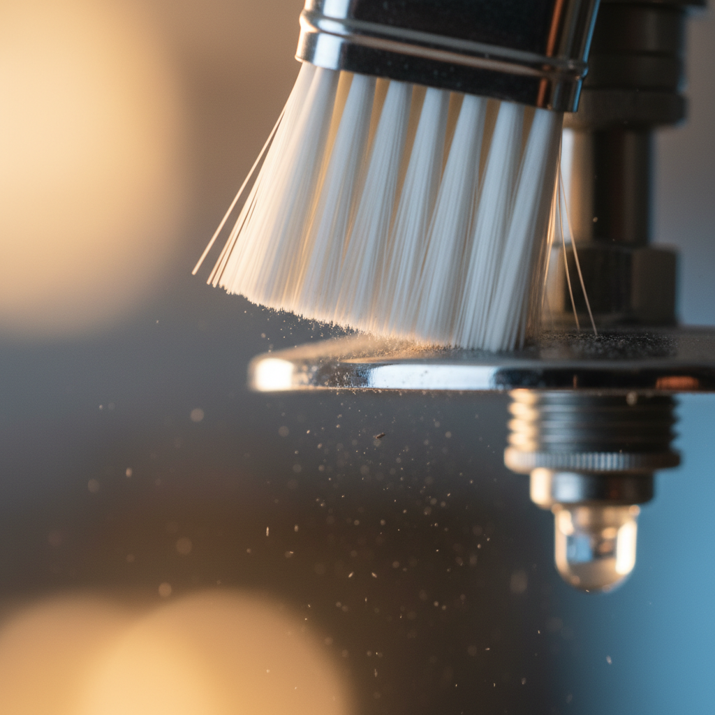 Close-up macro of soft-bristle brush cleaning a fire sprinkler head deflector