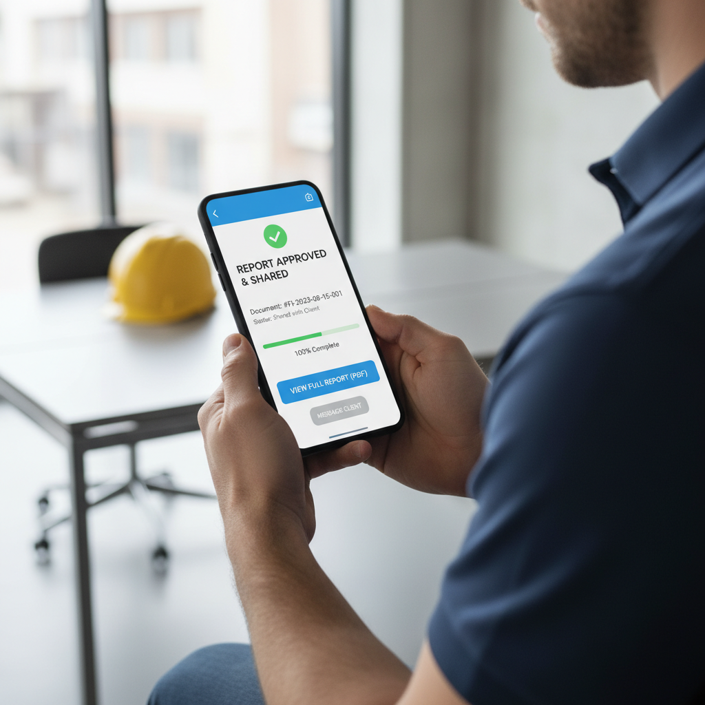 Contractor sharing a fire inspection report via client portal on smartphone