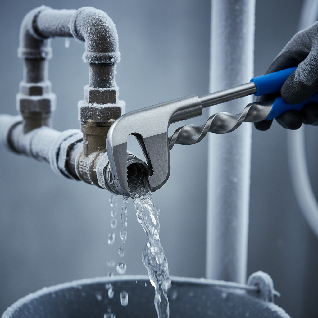 Close-up of drain tool in use on a fire sprinkler low-point valve during winterization