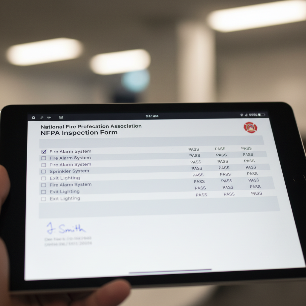 Close-up of tablet screen displaying completed NFPA fire inspection form with digital signature
