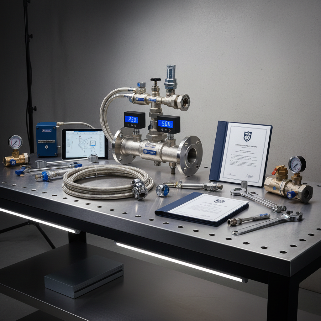 Commissioning kit with flow test assembly, digital pressure transducers and certification documents on industrial workbench