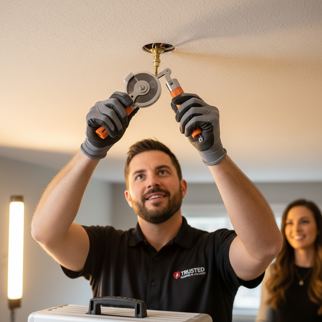 Contractor installing a low-profile sprinkler head in a residential ceiling with minimal-invasion tools