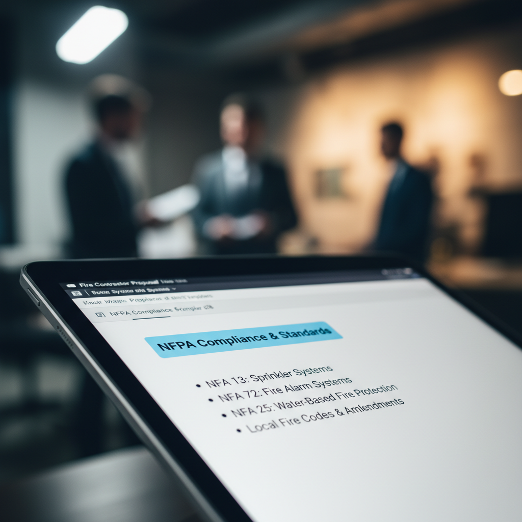 Close-up of fire contractor proposal template on tablet showing NFPA compliance section