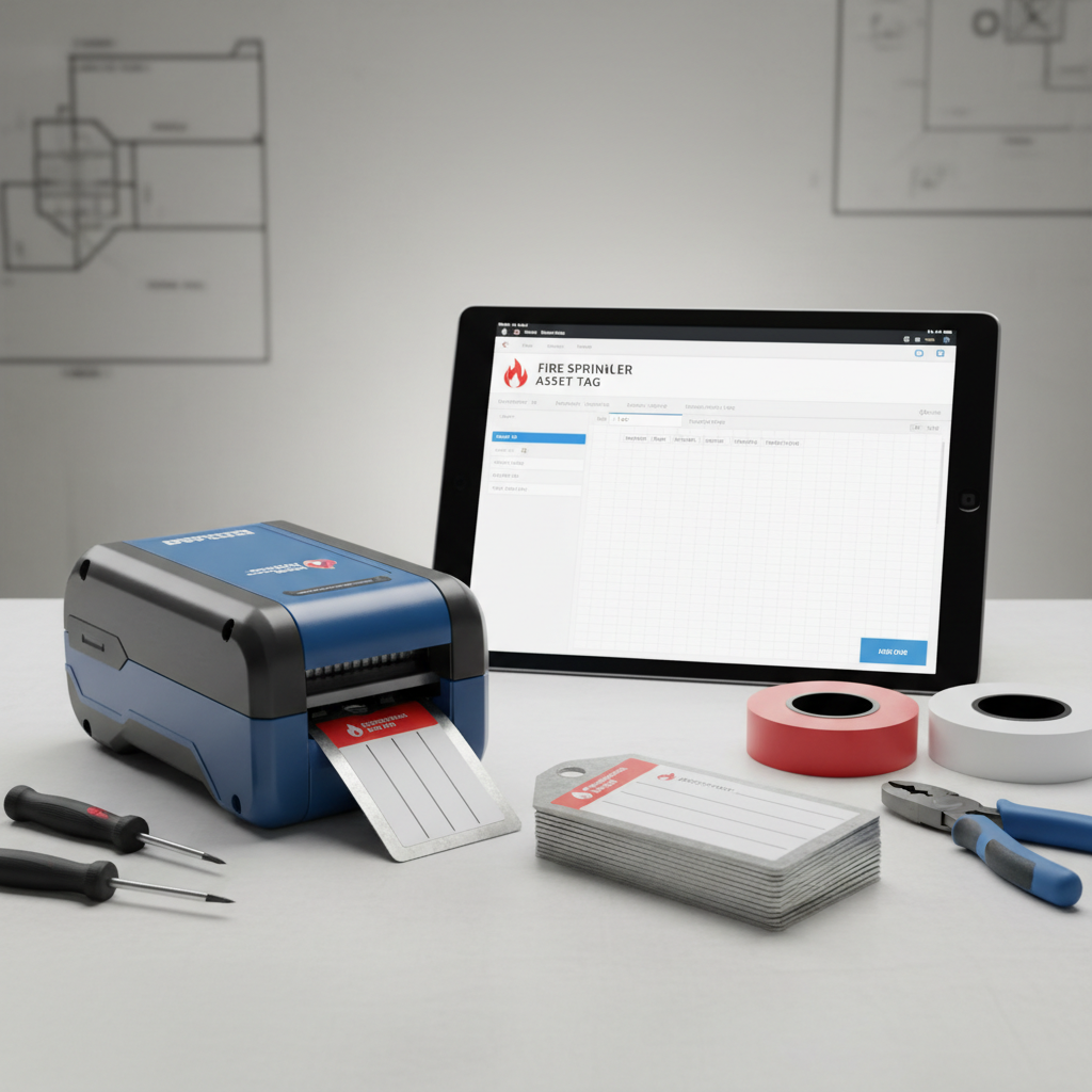 Labeling kit with portable printer, weather-resistant tags and template software on tablet on workbench
