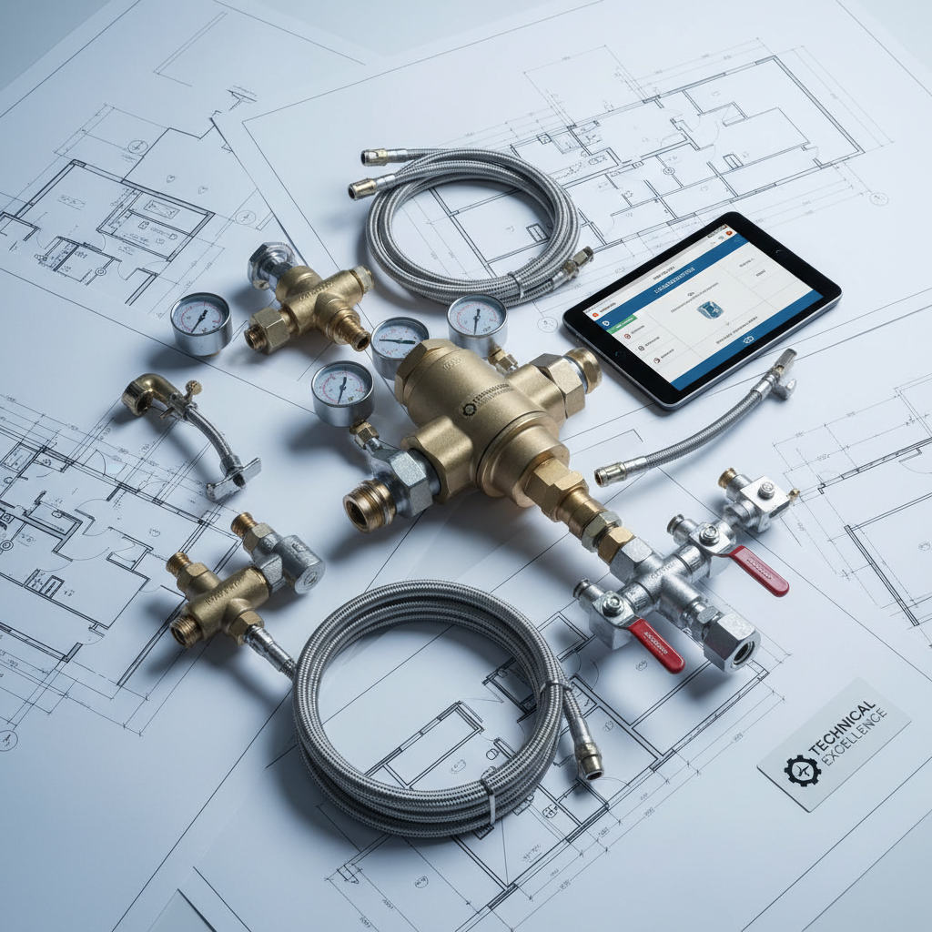 Calibration kit components with pressure regulators and test valves arranged on blueprint background