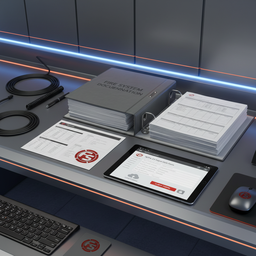 Documentation pack with tablet showing digital NFPA form, cloud storage and client portal interface on modern desk