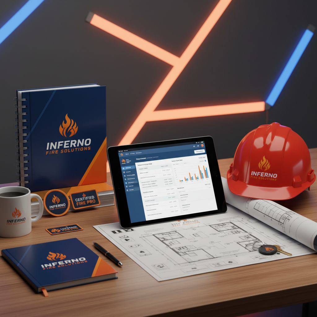 Business starter kit with CRM dashboard on tablet, printed proposals and uniform patches on modern desk
