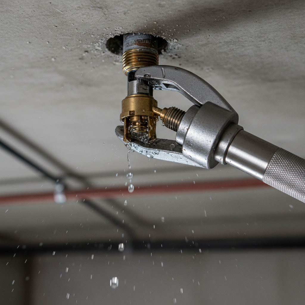 Close-up of rapid-response extraction tool removing a damaged sprinkler head