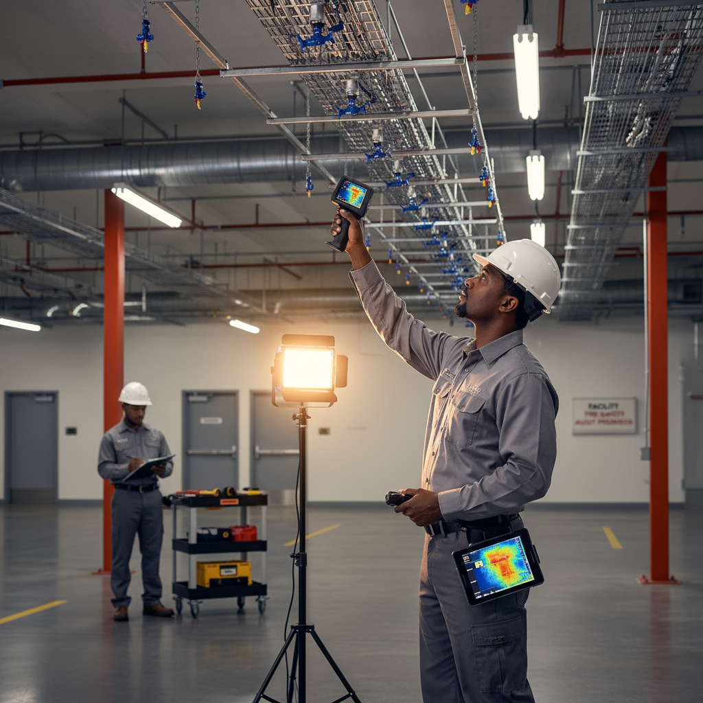 Contractor using thermal camera scanning a ceiling sprinkler grid during a facility fire safety audit