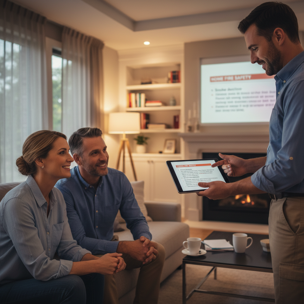 Contractor presenting fire safety slides to homeowners in a living room setting