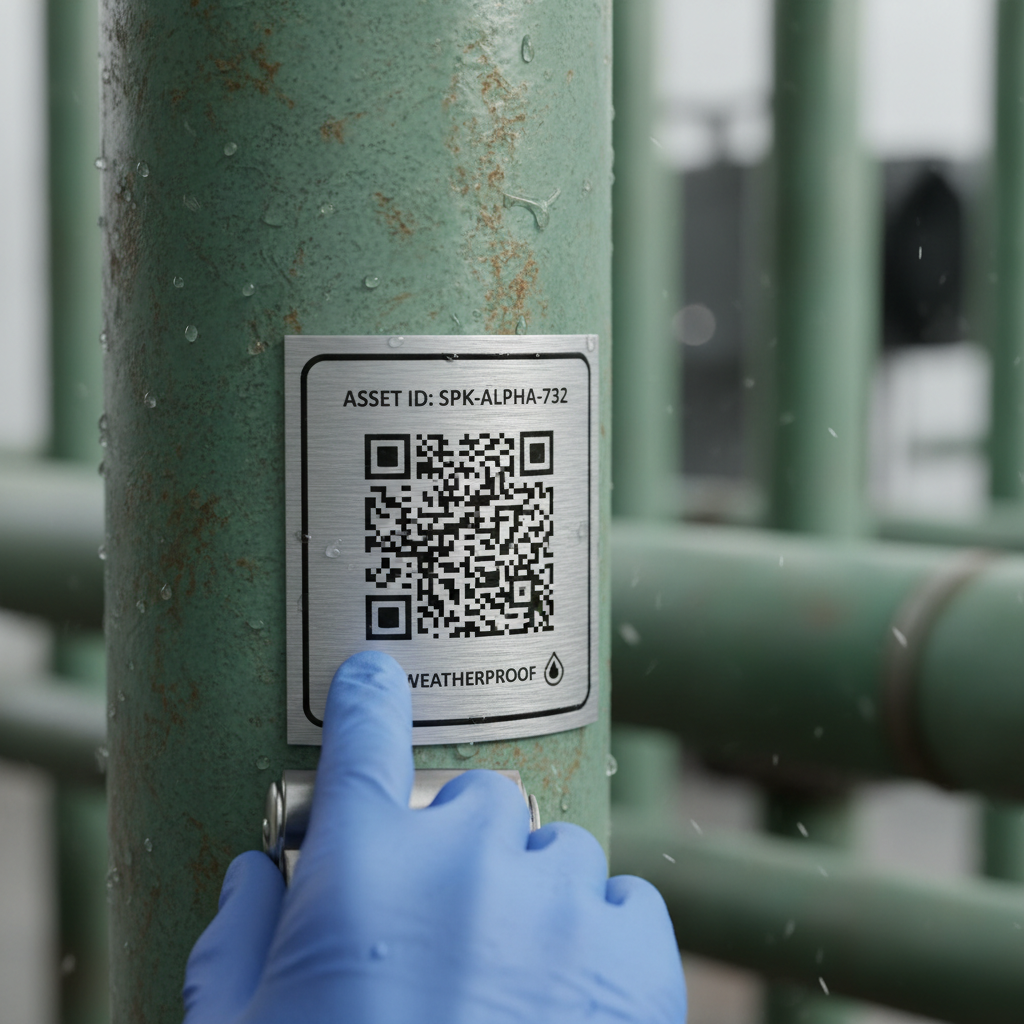 Close-up of weather-resistant QR asset tag being applied to a sprinkler pipe