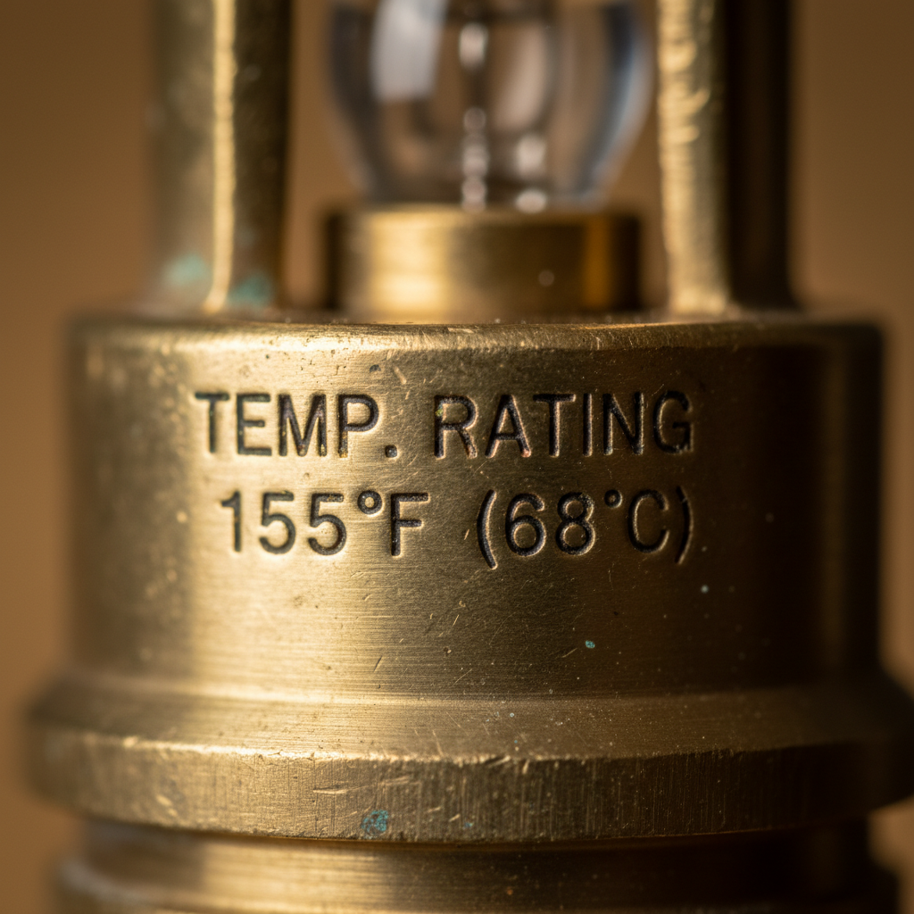 Close-up macro of sprinkler head temperature rating stamp on brass body