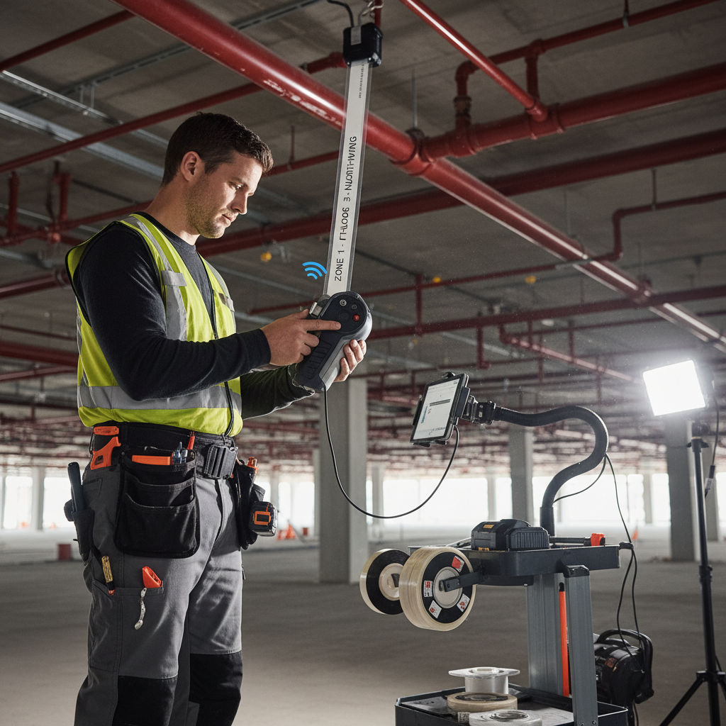 Contractor using a portable label printer to generate a zone label on a fire sprinkler system on-site