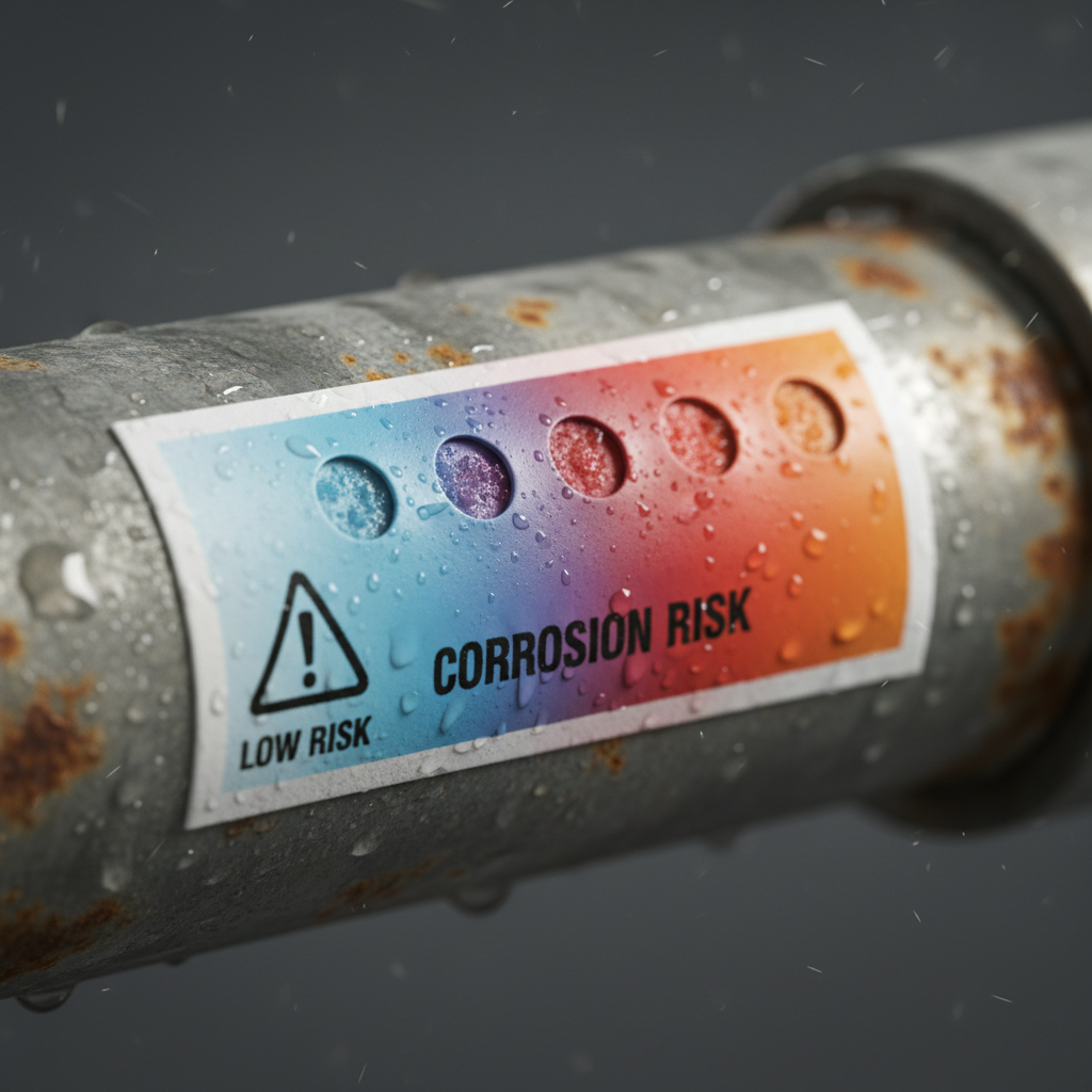 Close-up of corrosion monitoring strip showing color change indicating corrosion risk