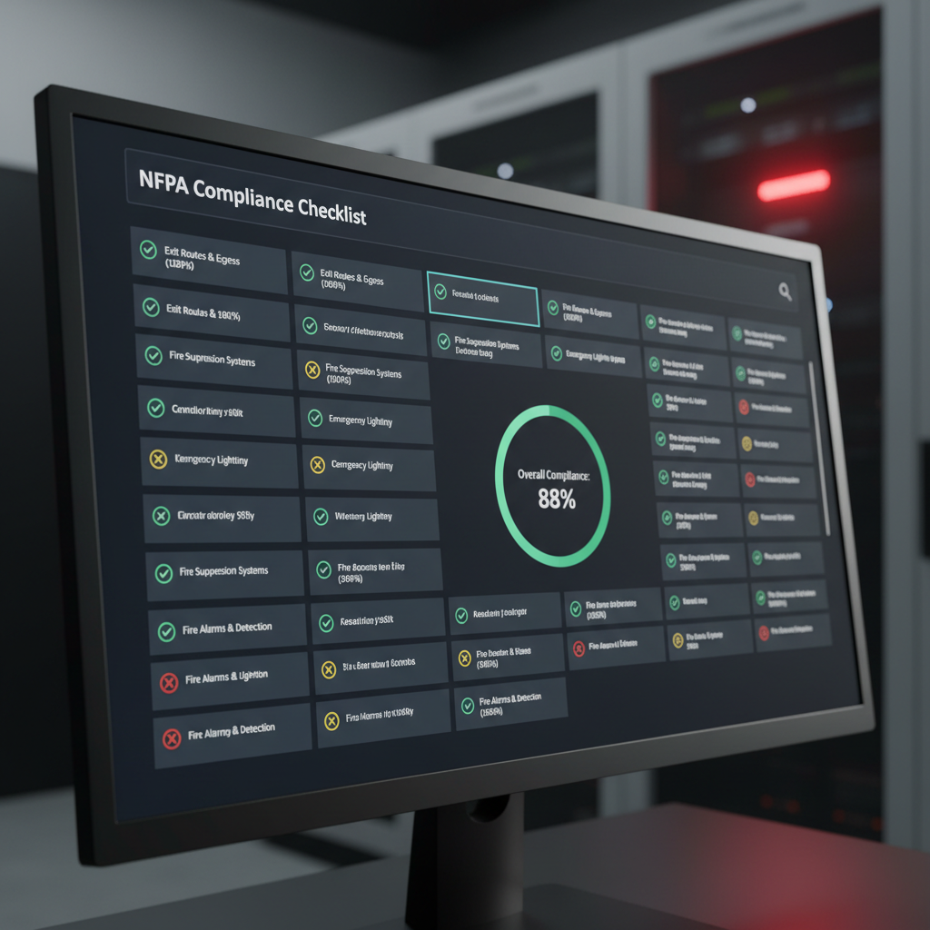 Close-up of fire code compliance software dashboard showing NFPA checklist completion