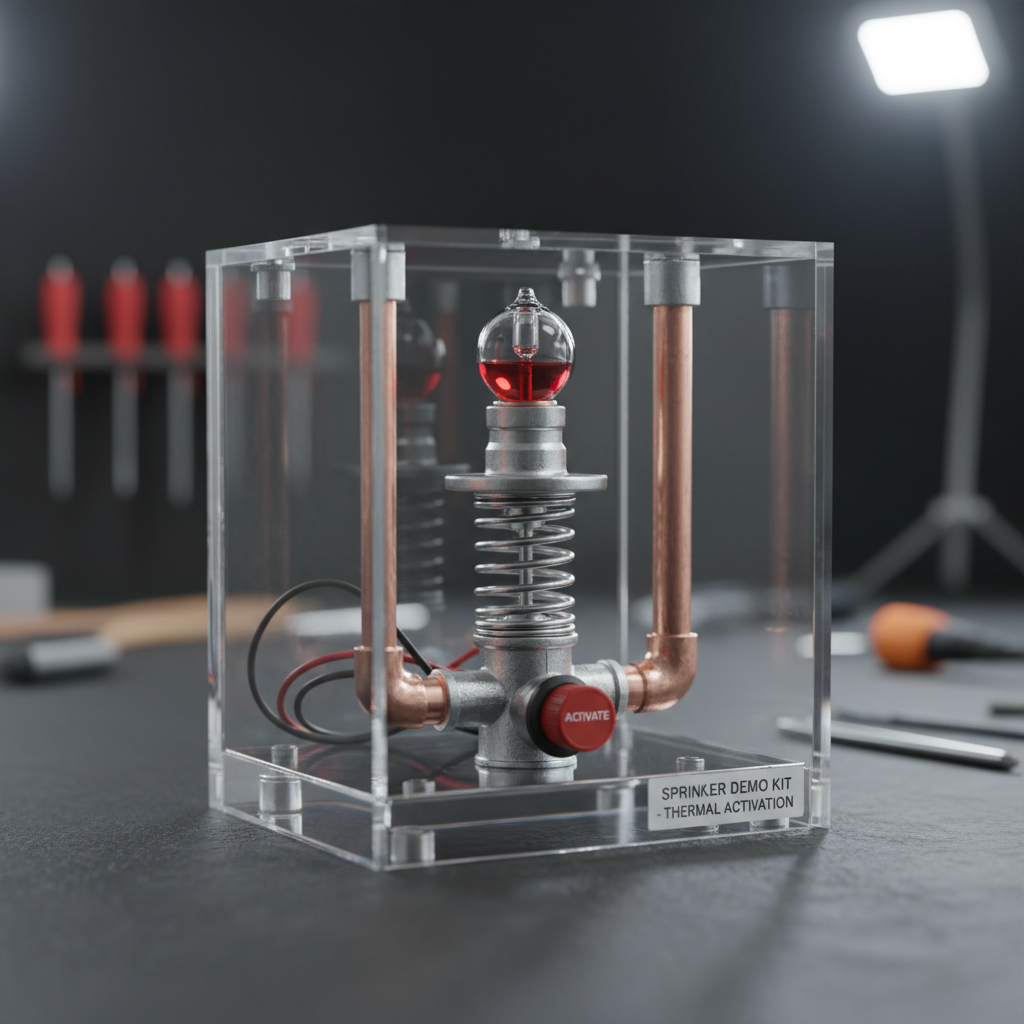 Close-up of compact demo kit showing sprinkler head activation mechanism