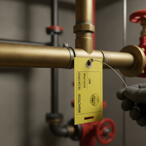 Close-up of inspection tag being attached to a sprinkler pipe