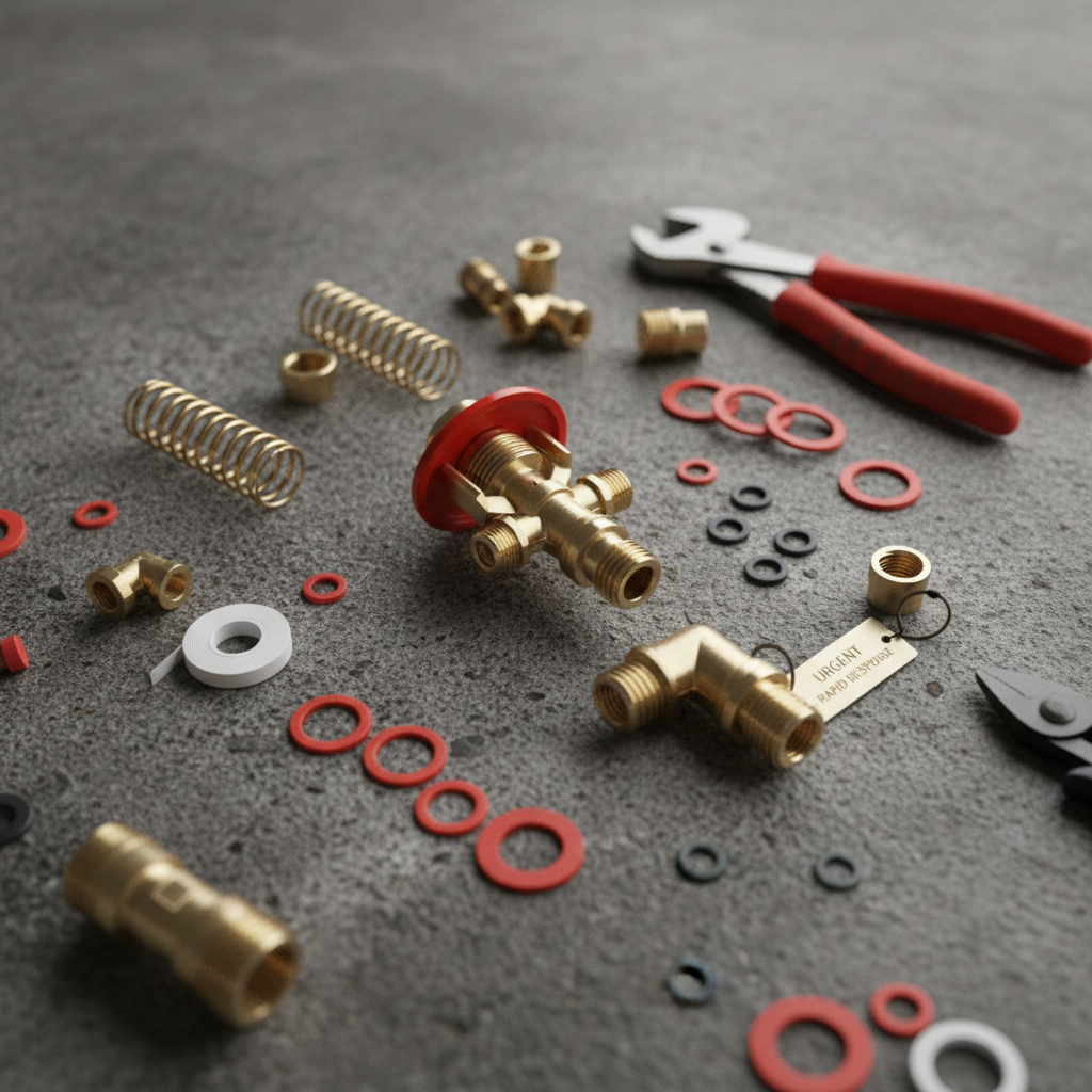 Flat-lay of emergency kit contents on textured gray surface highlighting brass and red components