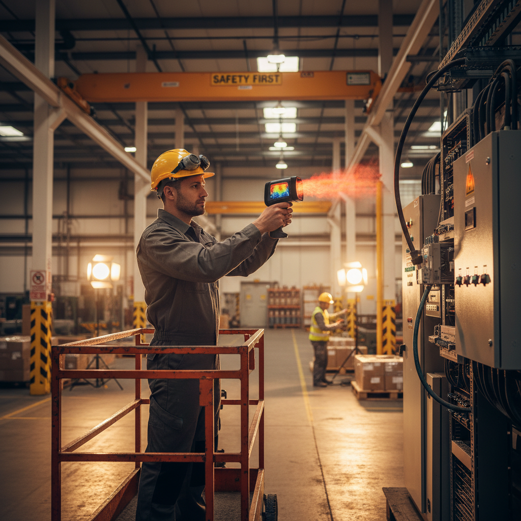 Contractor conducting industrial fire risk assessment in a warehouse using thermal imager
