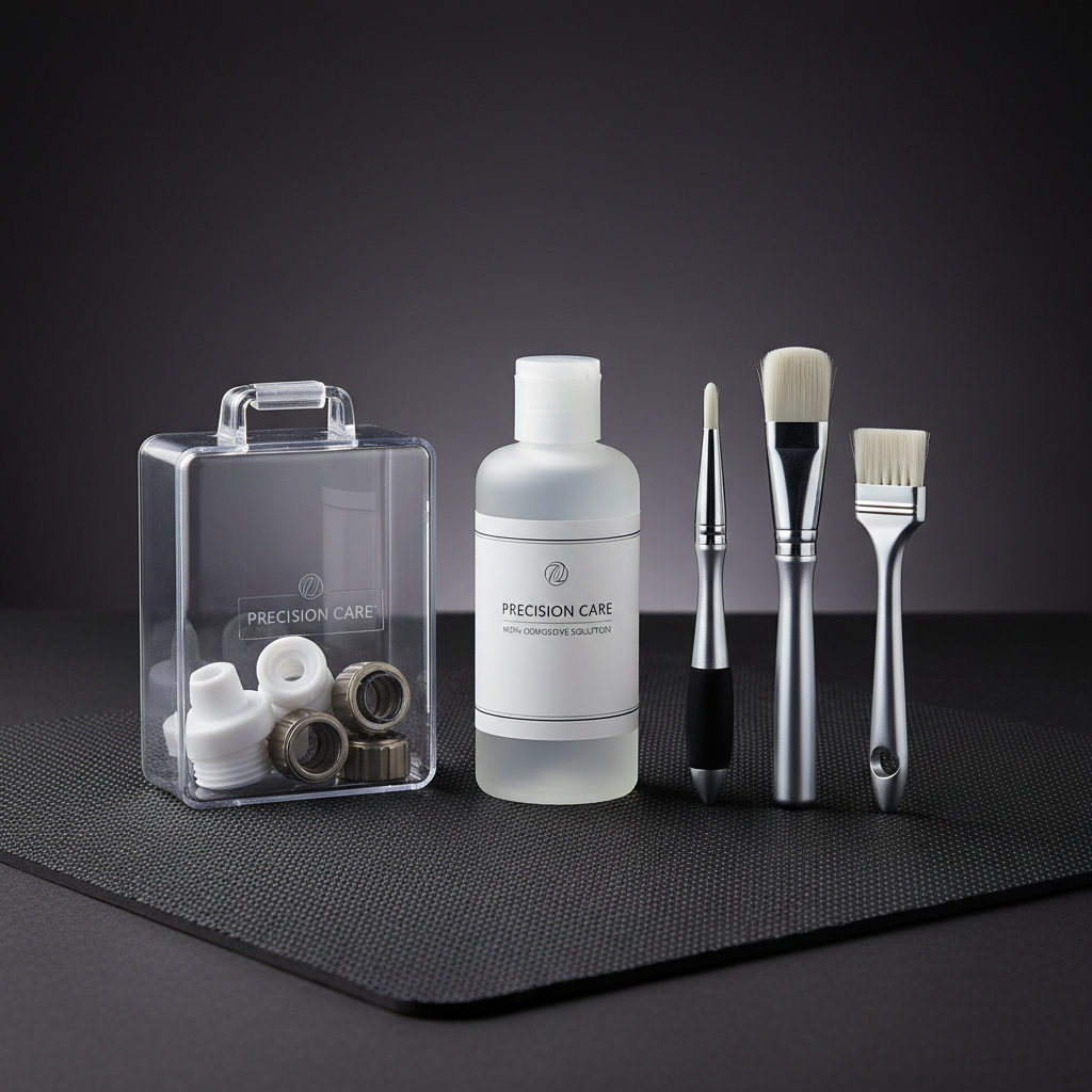 Cleaning solution bottle, soft-bristle brushes and ventilated storage case on dark mat with professional lighting