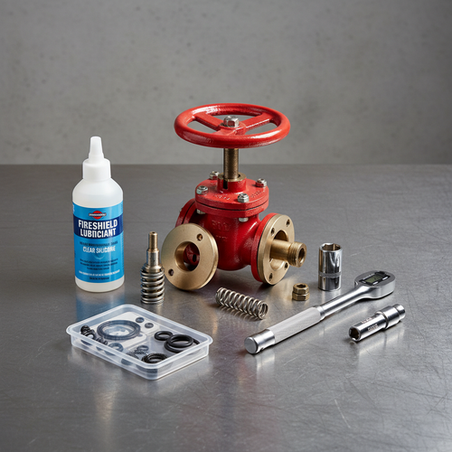 Fire valve service bundle with silicone lubricant, seal kit and calibrated torque wrench on industrial surface