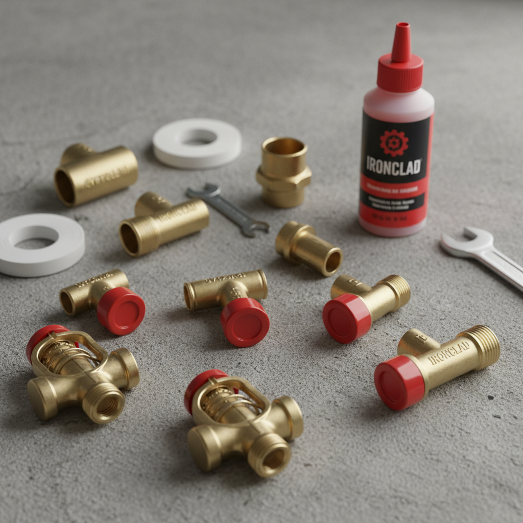 Overhead flat-lay of sprinkler installation kit components on textured gray surface