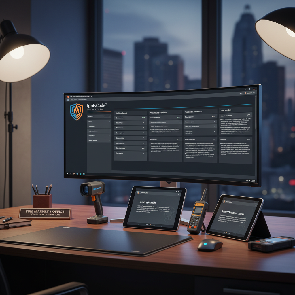 Compliance suite on executive desk with software on monitor, training tablets and audit tools