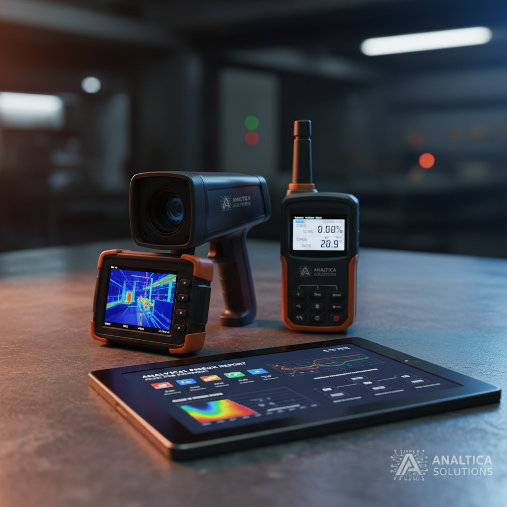 Risk assessment suite with thermal imager and gas detector displayed with reporting software on tablet