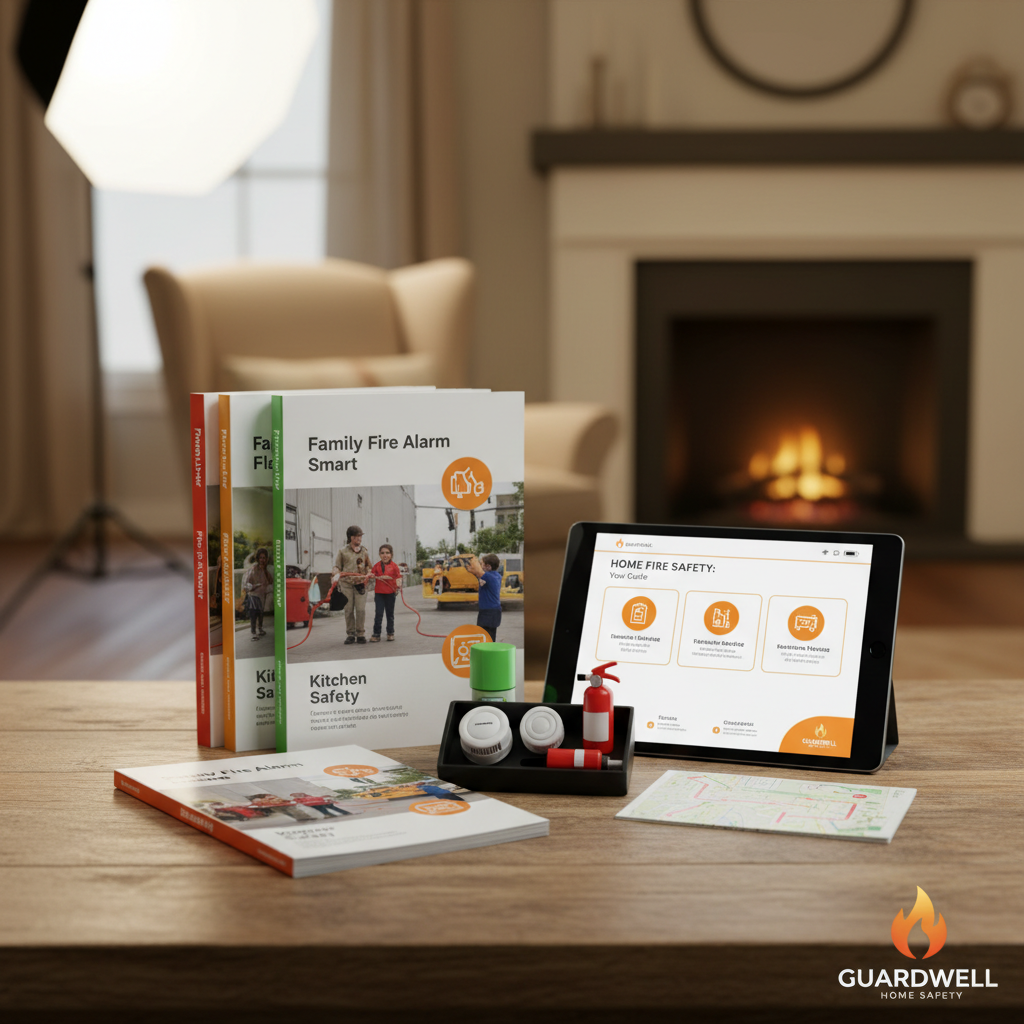 Education bundle with brochures, demo kit components and presentation slides on tablet on home-style table