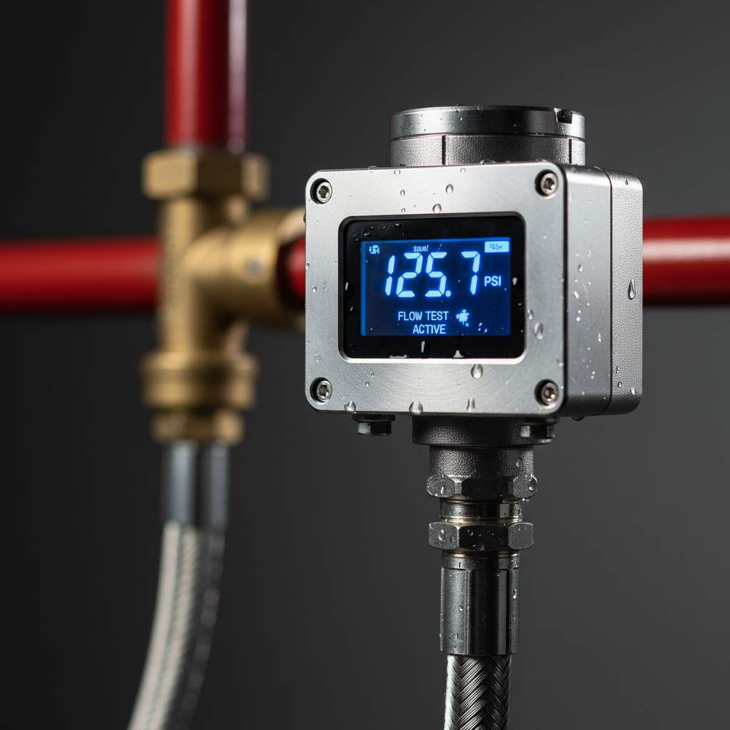 Close-up of digital pressure transducer display during a fire sprinkler flow test