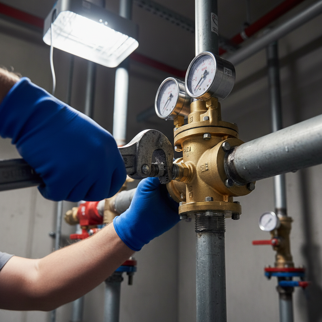 Contractor installing a pressure regulator on a high-rise sprinkler riser