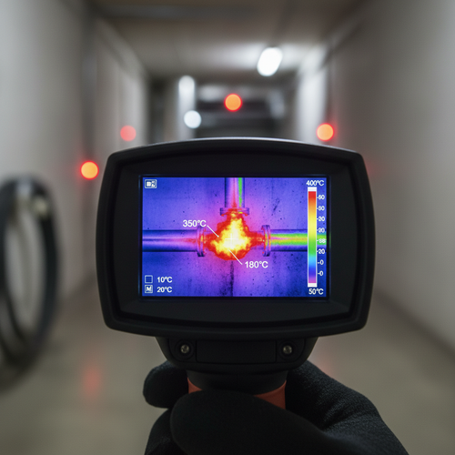Close-up of thermal camera display detecting a pipe temperature anomaly during fire inspection