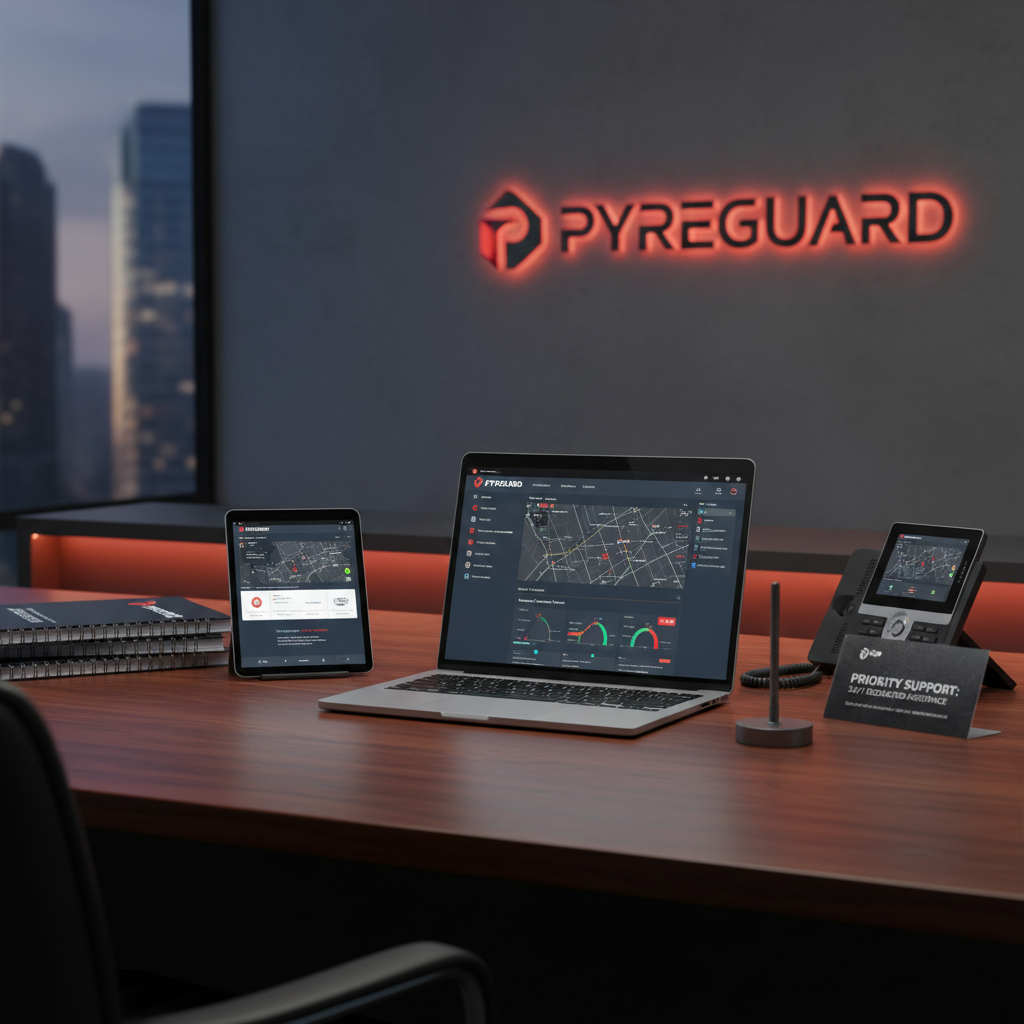 Compliance platform on executive desk with laptop showing dashboard, training materials and support contact card