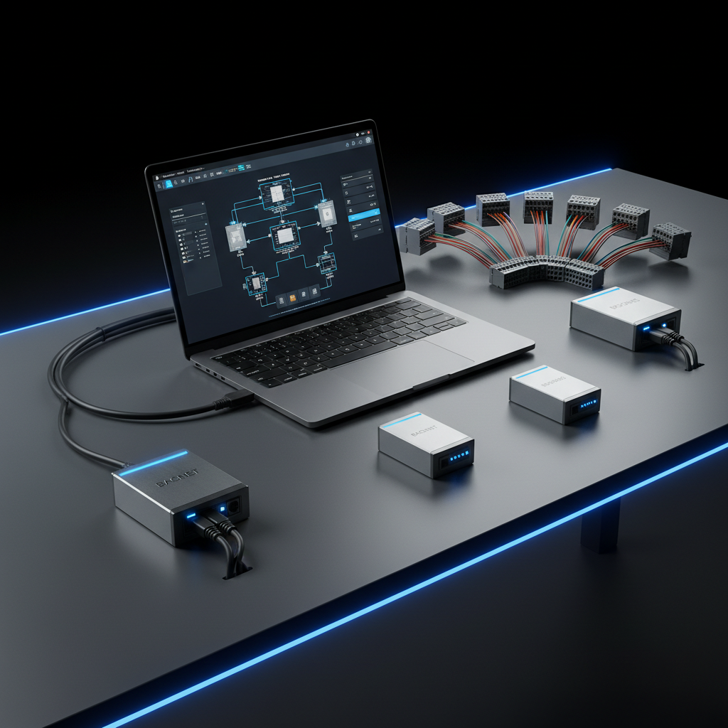 Fire integration kit with BACnet/MODBUS adapters and connectors arranged around laptop showing configuration software