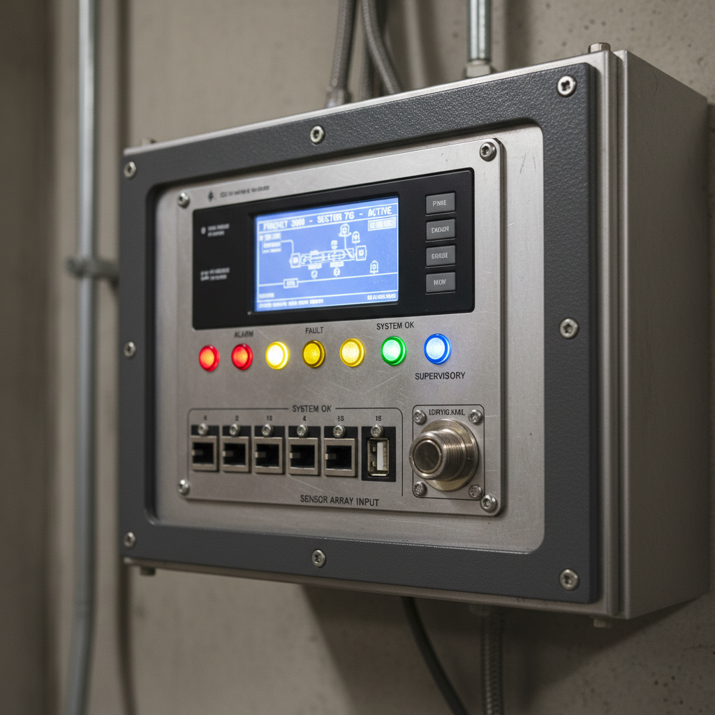 Close-up of industrial fire system control panel interface with indicator lights and connection ports