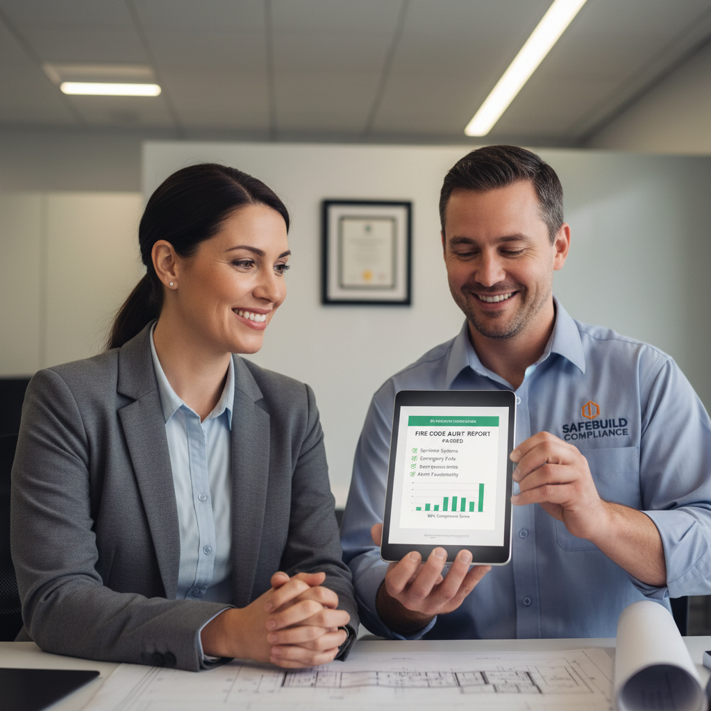 Contractor presenting compliance documentation to a municipal inspector on tablet