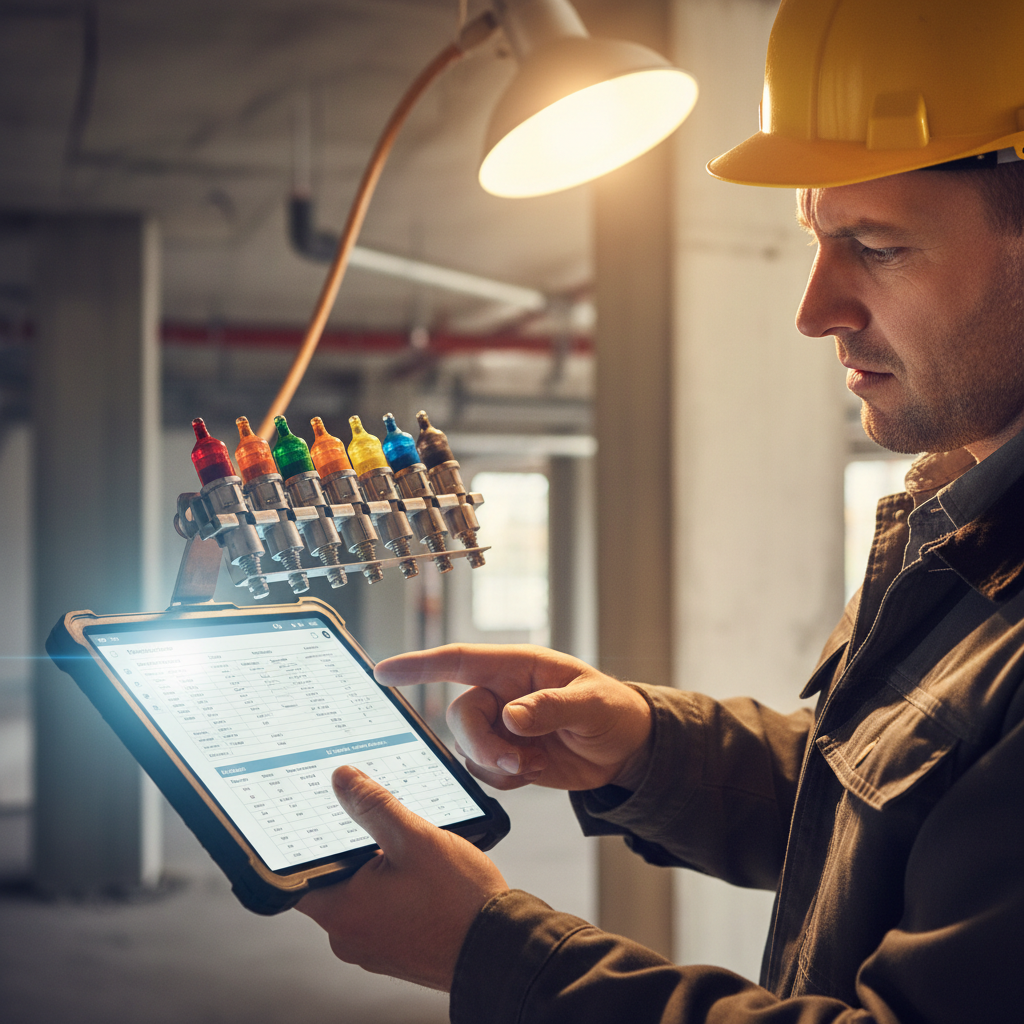Contractor comparing color-coded sprinkler head sampler against project specs on tablet