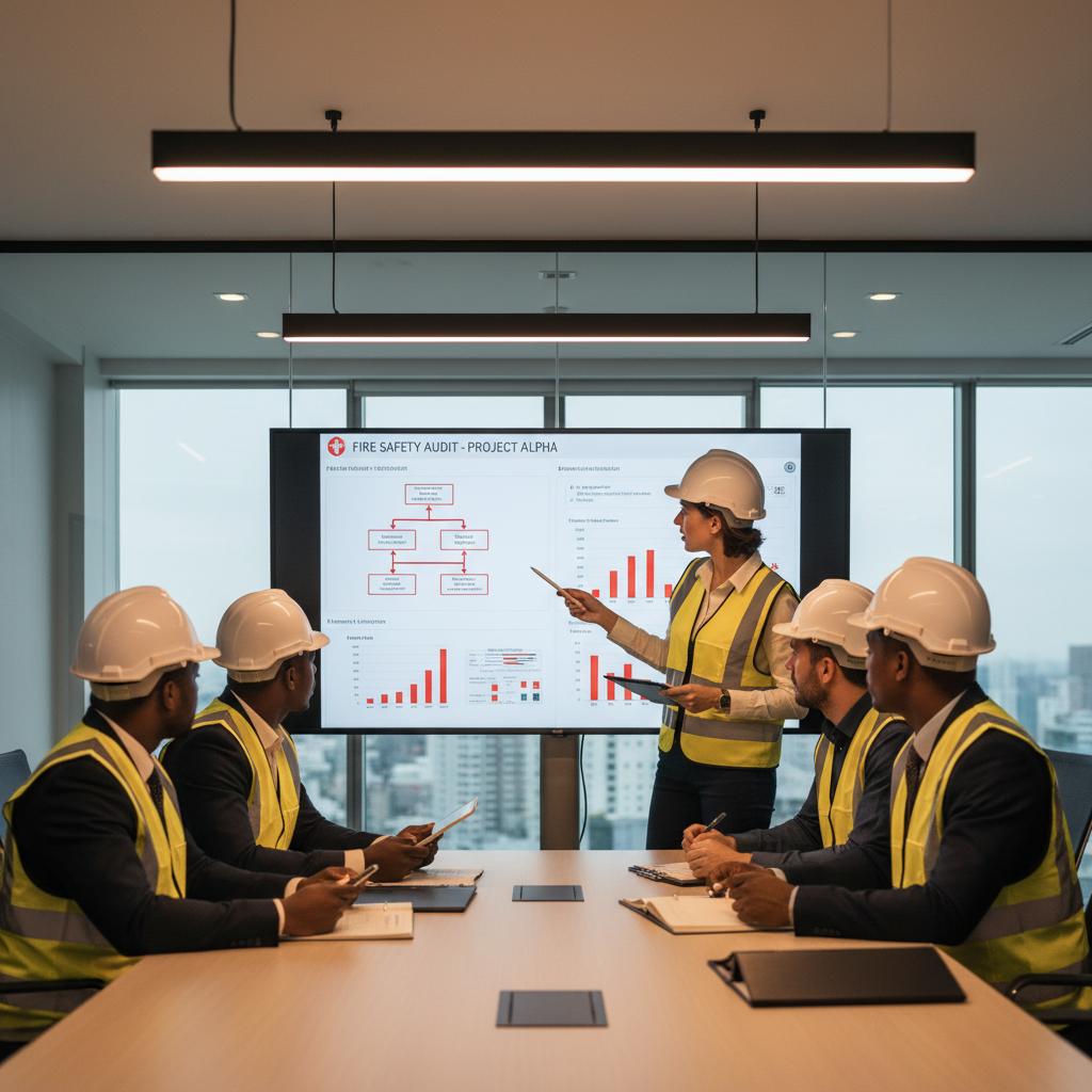 Contractor team reviewing fire compliance reports together in a conference room
