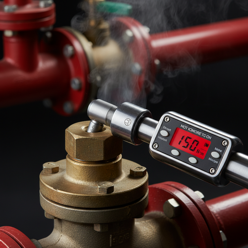 Close-up of torque wrench applying precise force to fire valve bolt