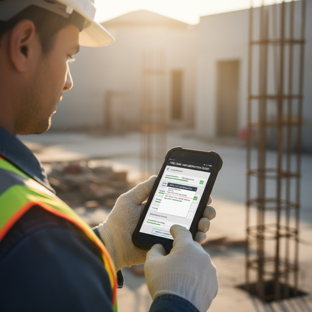 Contractor reviewing fire code implementation guide on smartphone in the field via mobile portal