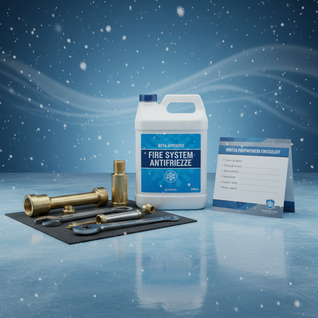 Winterization kit with antifreeze container, drain tools and freeze-prevention checklist on cool-toned surface
