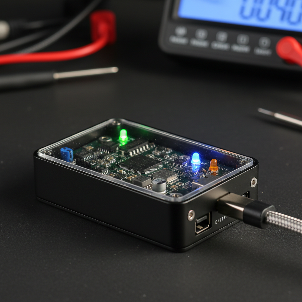 Close-up of BMS protocol adapter with indicator LEDs glowing