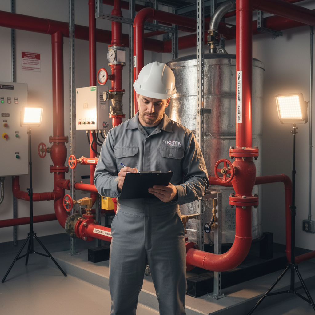 Contractor performing fire system winterization in a mechanical room with checklist verification