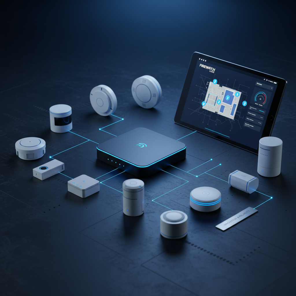Smart fire monitoring hub with wireless sensors arranged around IoT gateway and cloud interface on tablet